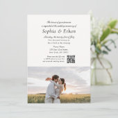 Einfaches Skript 2 Foto QR Code Off White Hochzeit Einladung (Stehend Vorderseite)