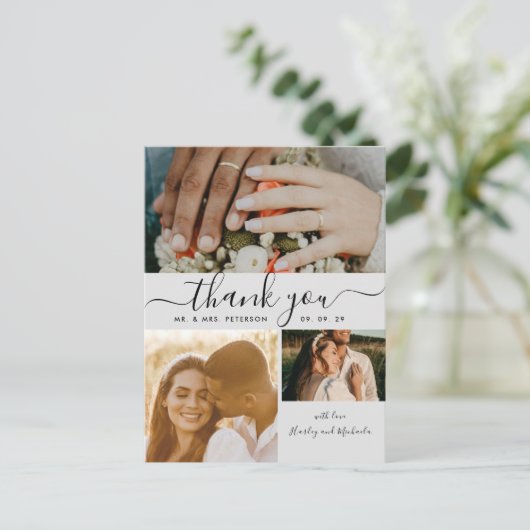 Einfaches Skript 4 Foto Collage Wedding Danke P Postkarte (Stehend Vorderseite)