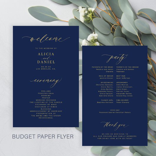 Einfaches Skript Budget Gold Navy Hochzeitsprogram Flyer