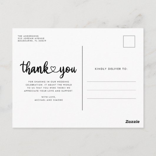 Einfaches Skript-Foto Hochzeit Danke Budget Postkarte (Rückseite)