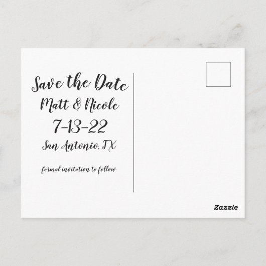 Einfaches Skript-Foto Save the Date Postkarte (Rückseite)