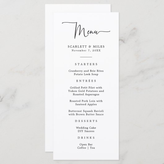 Einfaches Skript-Hochzeitmenü Menükarte (Vorne/Hinten)