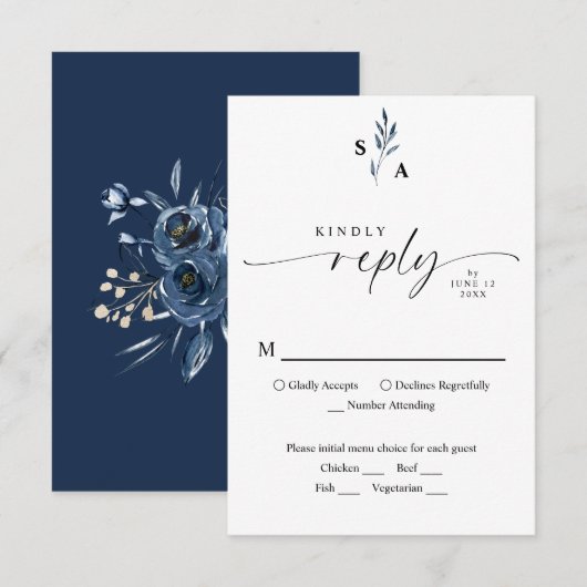 Einfaches Skript Marineblaue Botanische Monogramm- RSVP Karte (Vorne/Hinten)