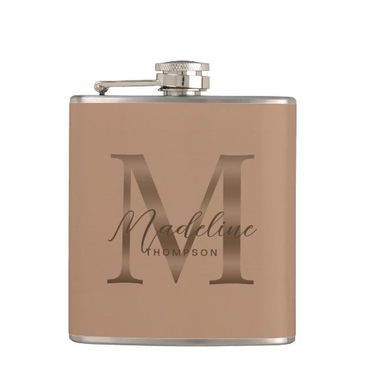 Einfaches Skript Metallisches Taupe Gold Monogramm Flachmann (Vorderseite)