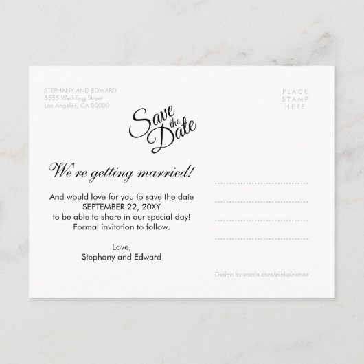 Einfaches Skript Moderne Erinnerung Save the Date Ankündigungspostkarte (Rückseite)