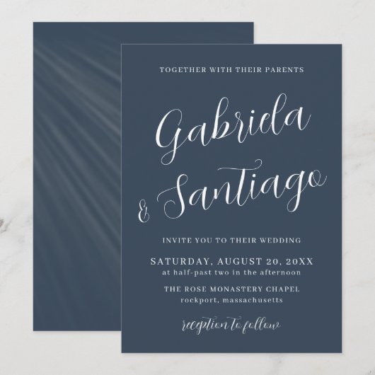 Einfaches Skript Navy Blue und White Wedding Einladung (Vorne/Hinten)