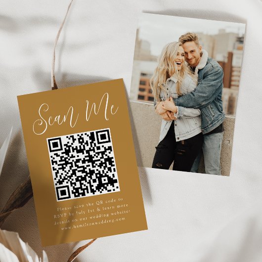Einfaches Skript Ochre Foto QR Code Hochzeit RSVP Begleitkarte