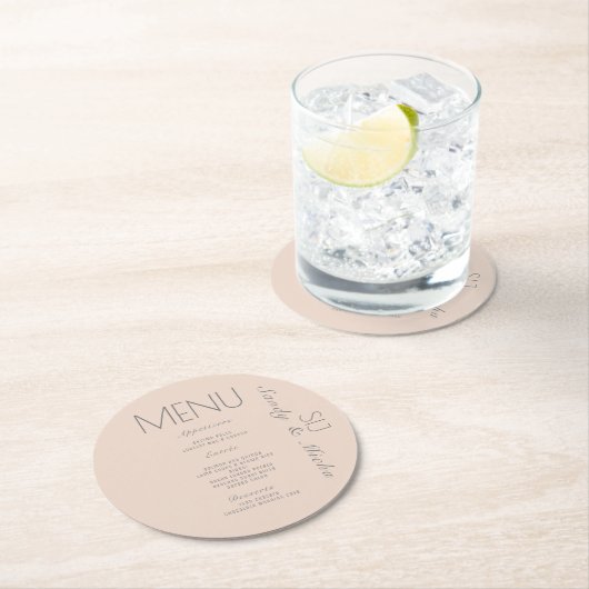 Einfaches Skript Pink Gray Wedding Dinner Menü Runder Pappuntersetzer (Vor Ort)