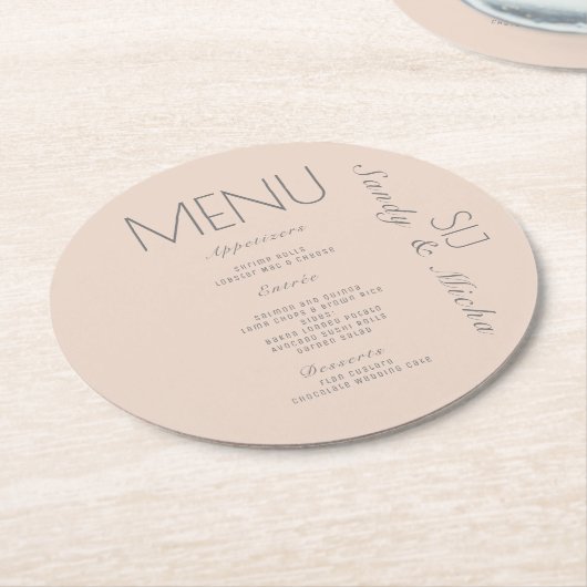 Einfaches Skript Pink Gray Wedding Dinner Menü Runder Pappuntersetzer (Angewinkelt)
