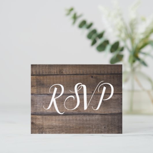Einfaches Skript Rustic Wedding RSVP Postkarte (Stehend Vorderseite)