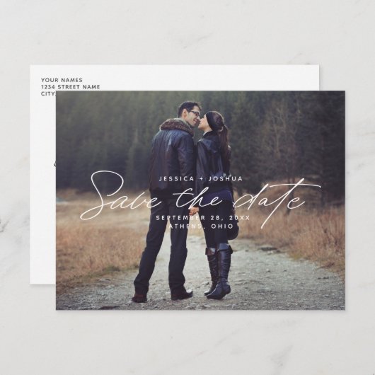 Einfaches Skriptüberlagerungs-Foto Save the Date Postkarte (Vorne/Hinten)