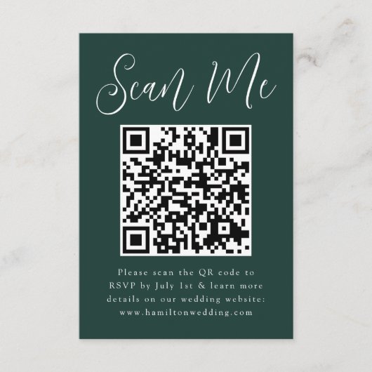 Einfaches Skriptwald Grüner QR Code Hochzeit RSVP Begleitkarte (Vorderseite)