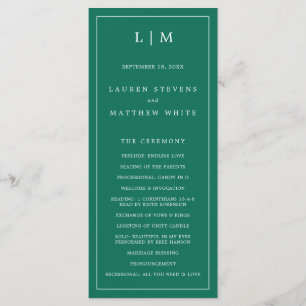 Einfaches Smaragdgrün Monogramm Elegante Hochzeit Programm