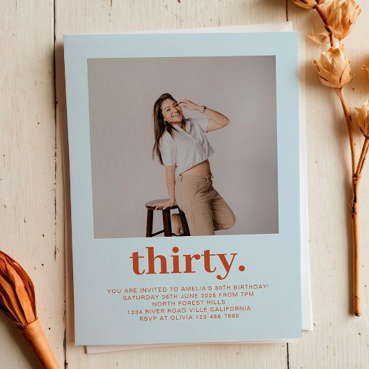 Einfaches Soft Blue Minimal Foto 30. Geburtstag Einladung