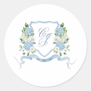Einfaches staubblaues Monogramm-Wappen-Hochzeit Runder Aufkleber