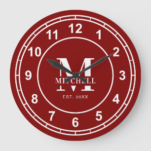 Einfaches stilvolles bordeauxrotes Monogramm benut Große Wanduhr