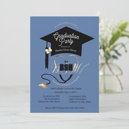 Einfaches stylisches Blue Editable Nurse Grad Part Einladung (Stehend Vorderseite)