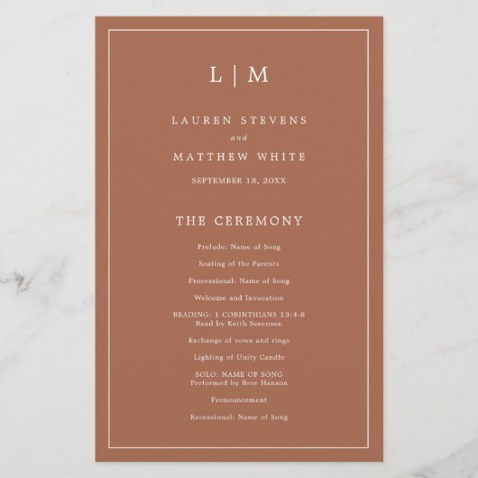 Einfaches Terracotta Monogram Elegant Wedding Prog (Vorderseite)