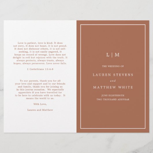 Einfaches Terracotta Monogram Elegant Wedding Prog (Vorderseite)