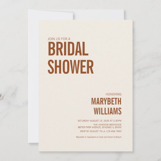 Einfaches Terrakotta-Typografie-Brautparty Einladung (Vorderseite)