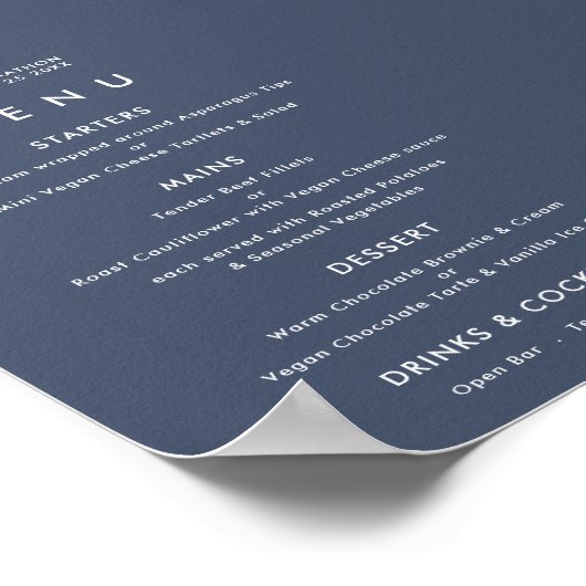 Einfaches Text Dusty Navy Blue Wedding Menu Poster (Ecke)
