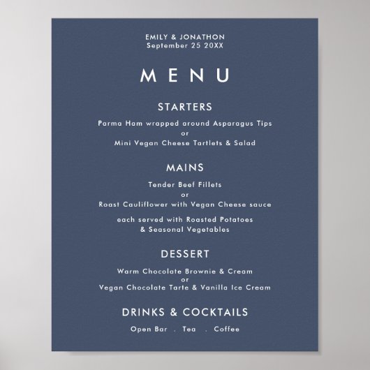 Einfaches Text Dusty Navy Blue Wedding Menu Poster (Vorne)