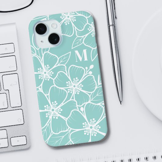 Einfaches Türkis-Blau-Blumen-Initial-Monogramm Case-Mate iPhone Hülle