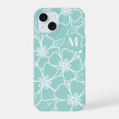 Einfaches Türkis-Blau-Blumen-Initial-Monogramm iPhone 15 Hülle (Rückseite)