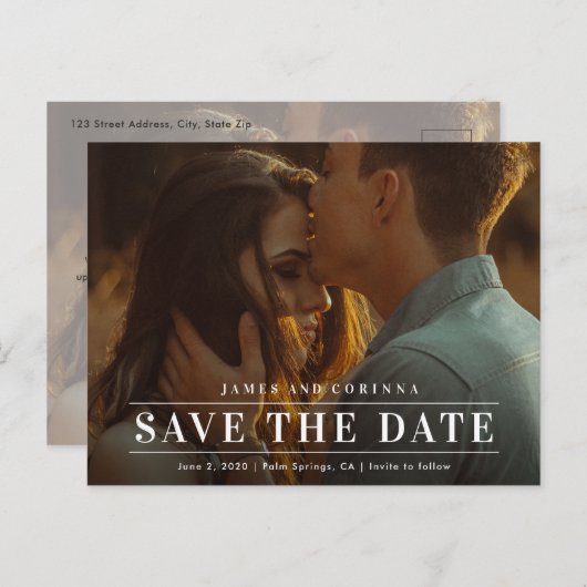 Einfaches Typografie-Foto, das das Datum speichert Ankündigungspostkarte (Vorne/Hinten)