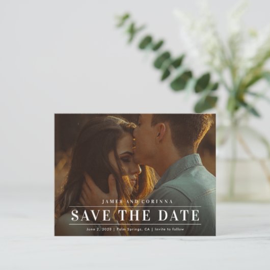 Einfaches Typografie-Foto, das das Datum speichert Ankündigungspostkarte (Stehend Vorderseite)