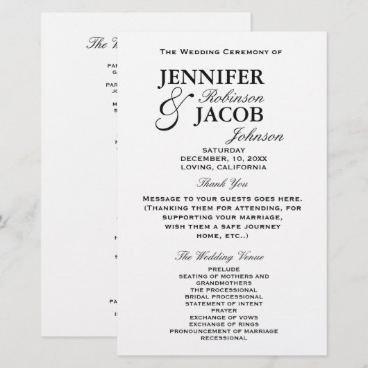 Einfaches Typografie-Schlichtes Hochzeitsprogramm (Vorne/Hinten)