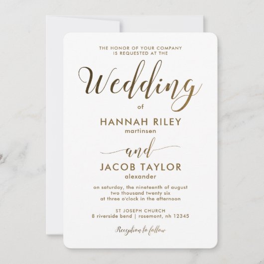 Einfaches und elegantes Copper-Look mit weißer Hoc Einladung (Vorderseite)