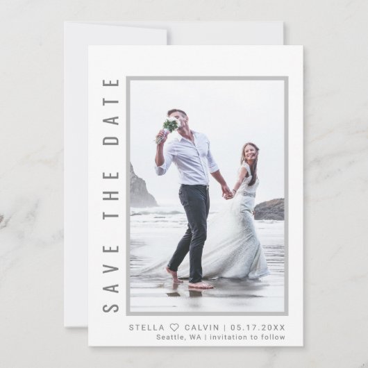 Einfaches und modernes Grau-Script-Foto Hochzeit Save The Date (Vorderseite)