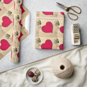 Einfaches Valentine Rotes Herz mit Rose Geschenkpapier