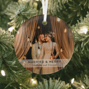 Einfaches "Verheiratet & Merry" Foto Keepake Ornament Aus Glas