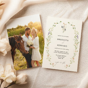 Einfaches Vintage-Wildblumen-Monogramm-Hochzeitsfo Einladung
