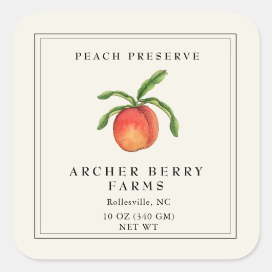 Einfaches Vintages Peach-Konfitar-Label Quadratischer Aufkleber (Vorderseite)
