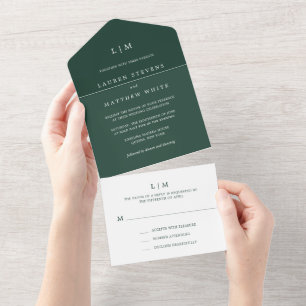 Einfaches Waldgrün-Monogramm Elegante Hochzeit All In One Einladung