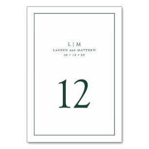 Einfaches, Waldgrünes Monogramm Elegante Hochzeit Tischnummer