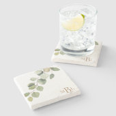 Einfaches Wasserfarben-Eukalyptus-Monogramm Steinuntersetzer (Seitenansicht)