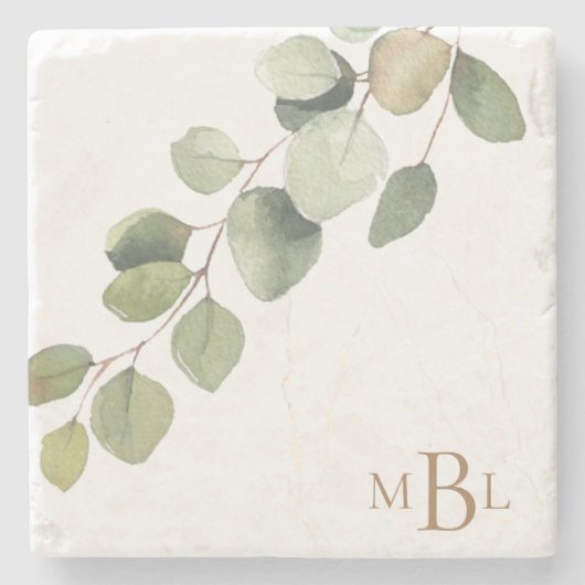 Einfaches Wasserfarben-Eukalyptus-Monogramm Steinuntersetzer (Vorderseite)