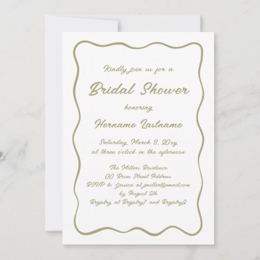 Einfaches Wavy Frame Olive Green QR Brautparty Einladung (Vorderseite)