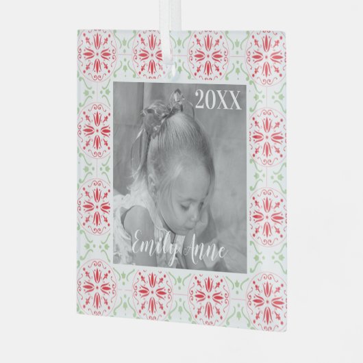 Einfaches Weihnachts-Rot-Schneeflockenmuster-Foto Ornament Aus Glas (Vorderseite links)