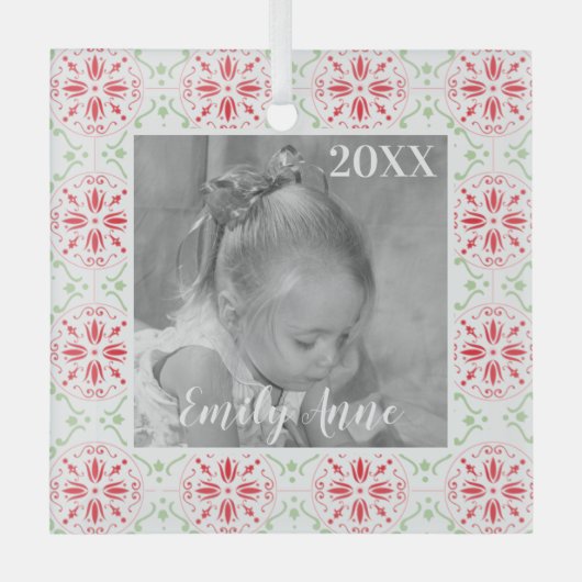 Einfaches Weihnachts-Rot-Schneeflockenmuster-Foto Ornament Aus Glas (Vorderseite)