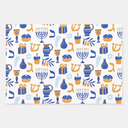 Einfaches weißes Gelb- und Blaumuster Hanukkah Geschenkpapier Set (Vorderseite 3)