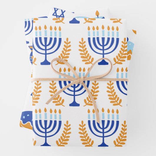 Einfaches weißes Gelb- und Blaumuster Hanukkah Geschenkpapier Set (Beispiel)