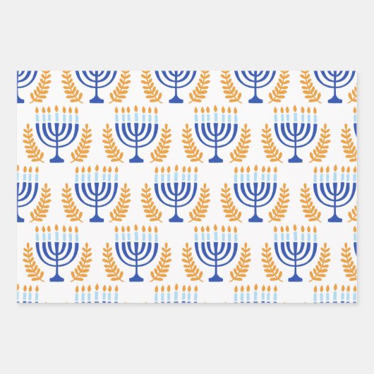 Einfaches weißes Gelb- und Blaumuster Hanukkah Geschenkpapier Set (Vorderseite)