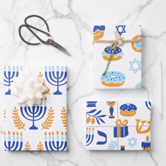 Einfaches weißes Gelb- und Blaumuster Hanukkah Geschenkpapier Set (Vorderseite)
