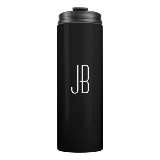 Einfaches weißes Monogramm oder Name auf Schwarz Thermosbecher (Vorderseite)
