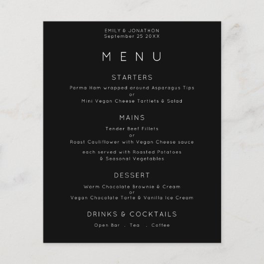 Einfaches White Black Wedding Menü mit Text (Vorderseite)